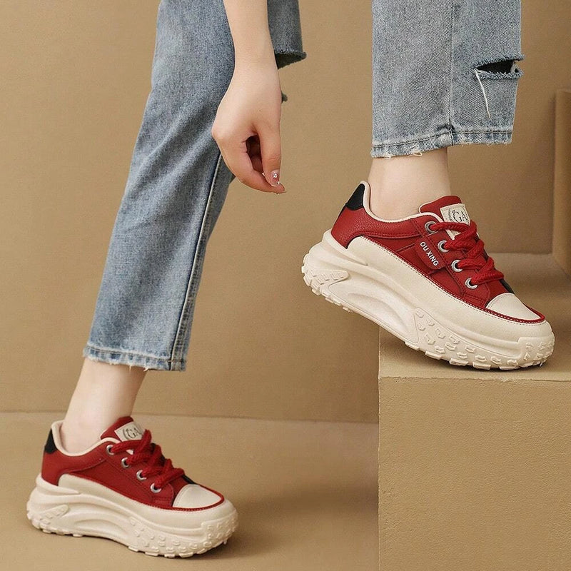 Women's Round Toe Red Comfortable Versatile Thick-soled High-top Shoes British Style Fashionable And Warm Added Fluff