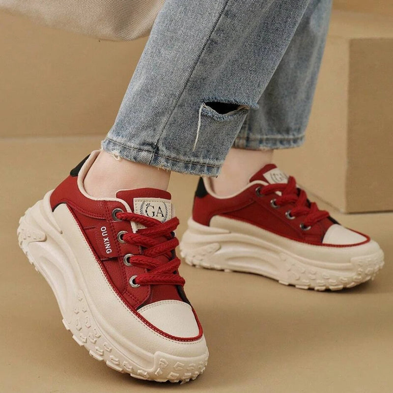 Women's Round Toe Red Comfortable Versatile Thick-soled High-top Shoes British Style Fashionable And Warm Added Fluff