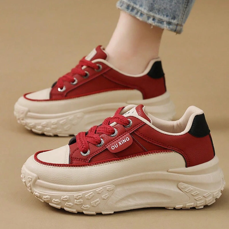 Women's Round Toe Red Comfortable Versatile Thick-soled High-top Shoes British Style Fashionable And Warm Added Fluff