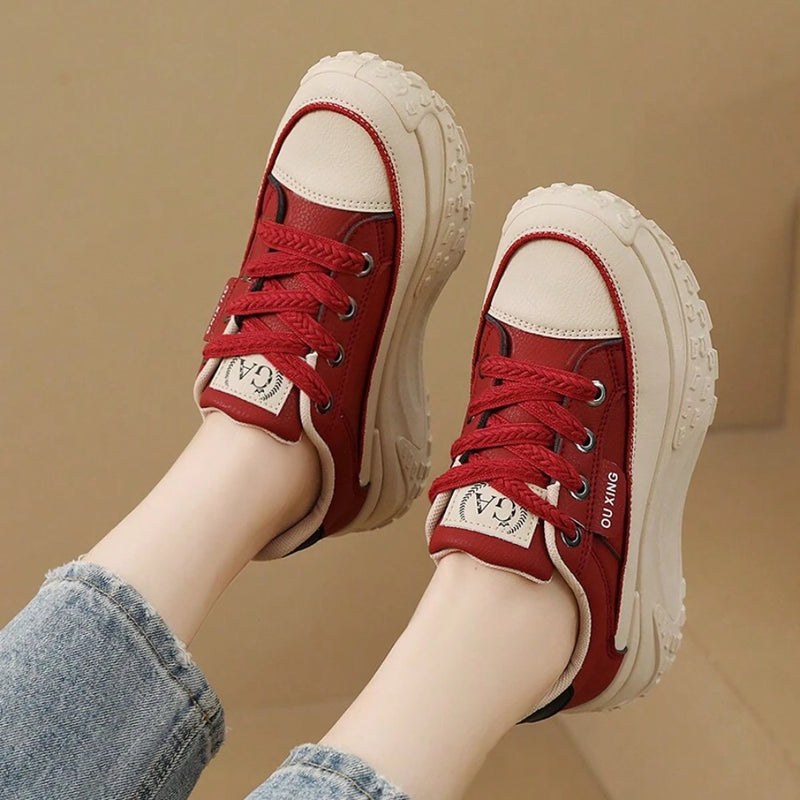 Women's Round Toe Red Comfortable Versatile Thick-soled High-top Shoes British Style Fashionable And Warm Added Fluff