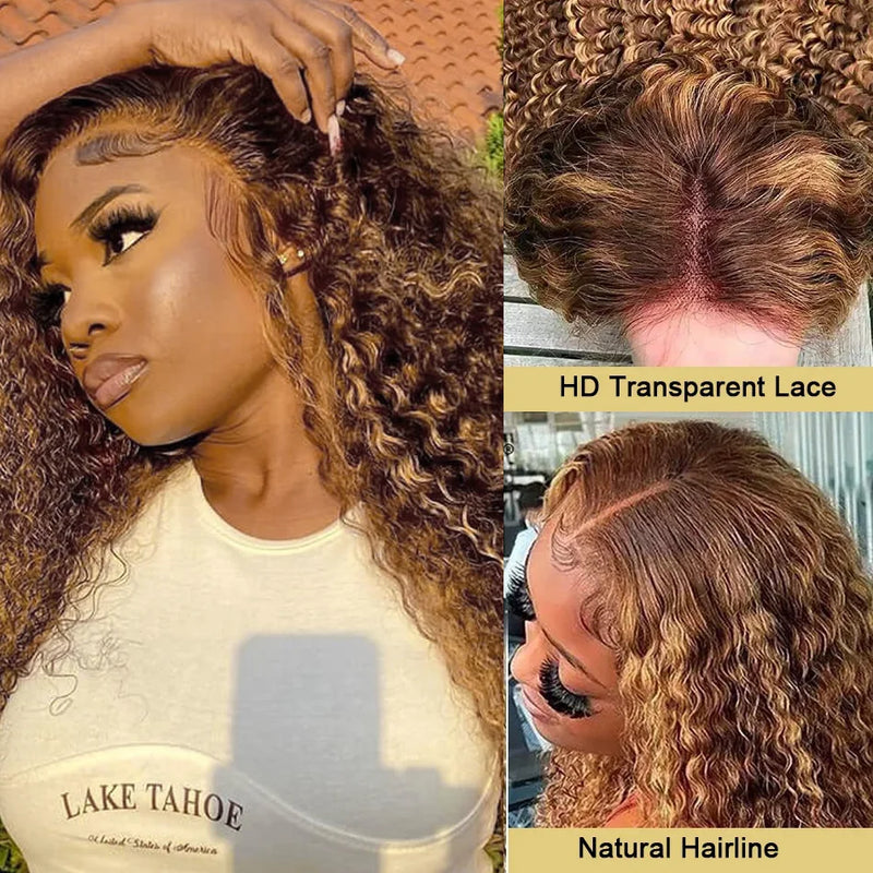 Curly Human Hair Wig Honey Blonde Ombre 13x1 Brazilian Brown Color Deep Water Wave Hd Frontal Highlight Bob Lace Front Wigs