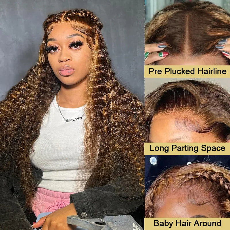 Curly Human Hair Wig Honey Blonde Ombre 13x1 Brazilian Brown Color Deep Water Wave Hd Frontal Highlight Bob Lace Front Wigs